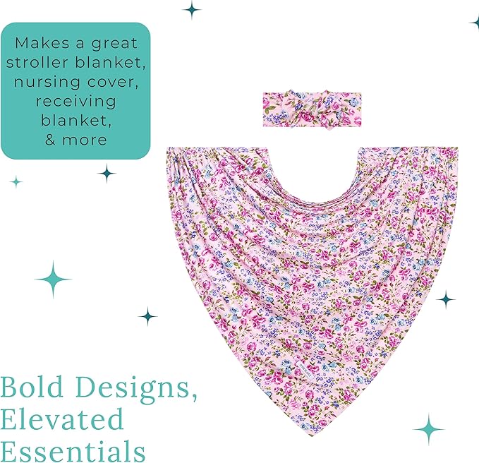 Posh Peanut Soft Baby Swaddle & Headband Set – Viscose from Bamboo Newborn Wrap Receiving Blanket, Nursing or Stroller Cover (Pixie)