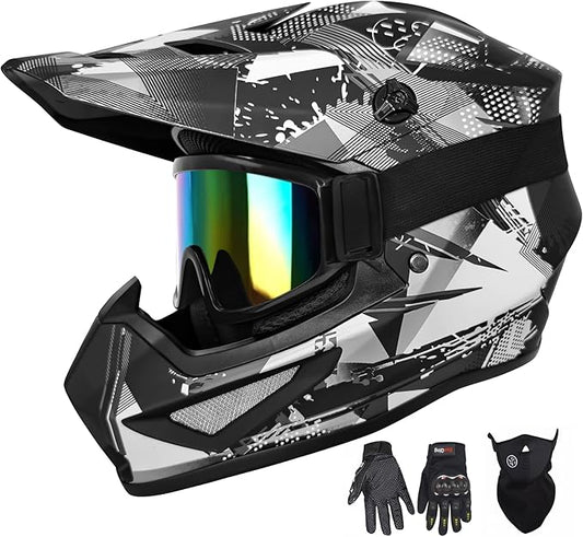Youth Kids Motocross Helmet, Adult ATV Dirt Bike Helmet with Goggles Gloves & Mask Quick, Full Face Motorcycle Helmet with Quick Release Buckle DOT Certified