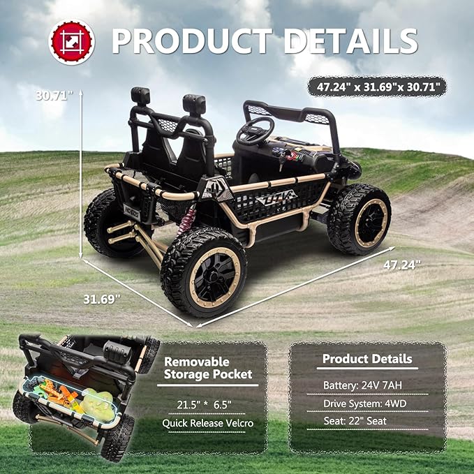XXL 24V 7Ah 2 Seater Ride On Toy for Big Kids Ride On Car with Remote Control 4WD Kids UTV with 22" Seat, LED Lights, Bluetooth Music Player, EVA Rubber Tires, Spring Suspension, Quicksand