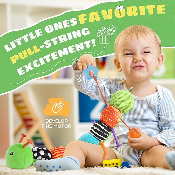 Baby Toys 6-12 Months Music Caterpillar,Stuffed Animals Infant Toys 0-3-6 Months,Teething Sensory Toys Tummy Time with Mirror Crinkle Rattle&Pull String for Boys Girls Gifts Birthday|Green