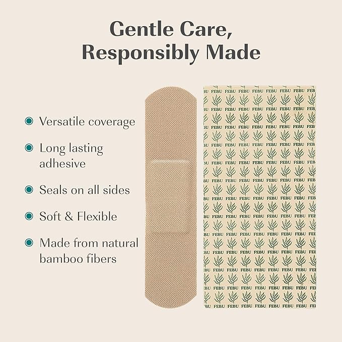 FEBU Bamboo Fabric Bandages | PFAS Free Flexible Fabric Bandages | Latex Free Bandage | Natural Hypoallergenic Bandage for Scrapes, Cuts & First Aid | 1in x 3in | 100 Count Pack