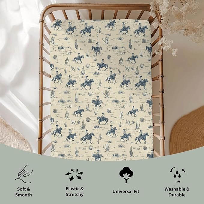 Vintage Western Cowboy Baby Crib Sheets for Boy Girl 28"x52" Retro Cowboy Horse Cactus Soft Stretchy Fitted Crib Mattress Cover Wild Desert Baby Sheet for Standard Crib & Toddler Mattress Pads