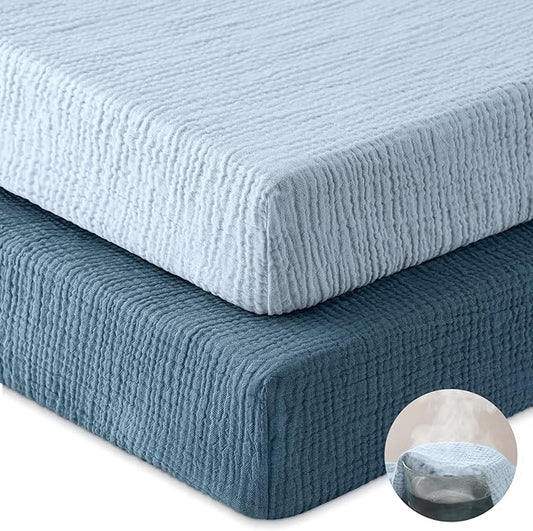 Muslin Crib Sheets for Boys Girls, 100% Cotton Fitted Crib Sheet 2 Pack for Standard Crib and Toddler Mattress, Breathable Soft Baby Sheet 28x52x8in Gradient Blue