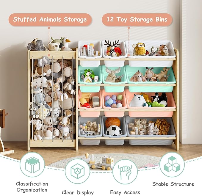 EXPERLAM Kids Toy Storage Organizer, 2-in-1 Stuffed Animal Storage & Toy Organizer w/12 Bins, Solid Wood Toy Rack Featuring Thicker Elastic Ropes to Hold Toys, Playroom Nursery Bedroom Storage, Multi