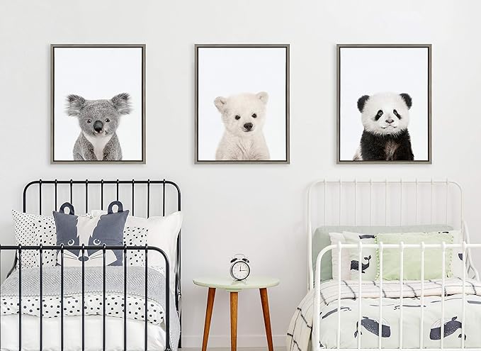 Kate and Laurel Sylvie Three Bears Framed Canvas Wall Art by Amy Peterson, Set of 3, 18x24 Gray, Adorable Baby Animal Art