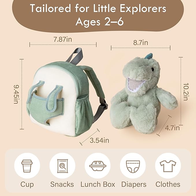 Moonkie Hug & Go Dinosaur Toddler Backpack – Soft Plush Bag with Take-Along Toy for Boys Aged 2–4 | Ideal for Daycare | Travel & Birthday Gifts for 3-Year-Old Kids