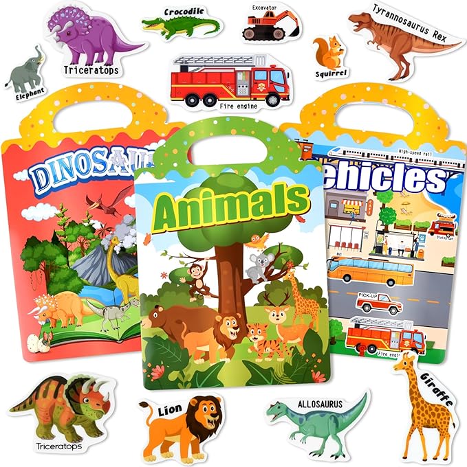 ASTARON 3 Pack Reusable Jelly Sticker Books for Kids, Cute Waterproof Dinosaurs Animals Vehicles Stickers, Portable Travel Toys and Educational Sensory Learning Toys (3-6 Age)