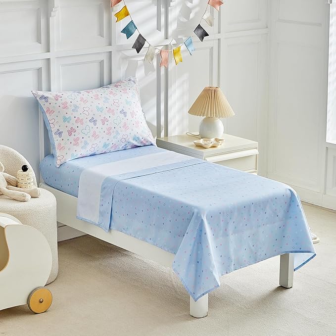 JHXHMX Butterfly Toddler Bedding Set for Girls,4 Pieces Bed-in-a-Bag Toddler Bed Set,Soft Crib Comforter Sheet Set Including Comforter,Fitted Sheet,Flat Sheet and Pillowcase-White