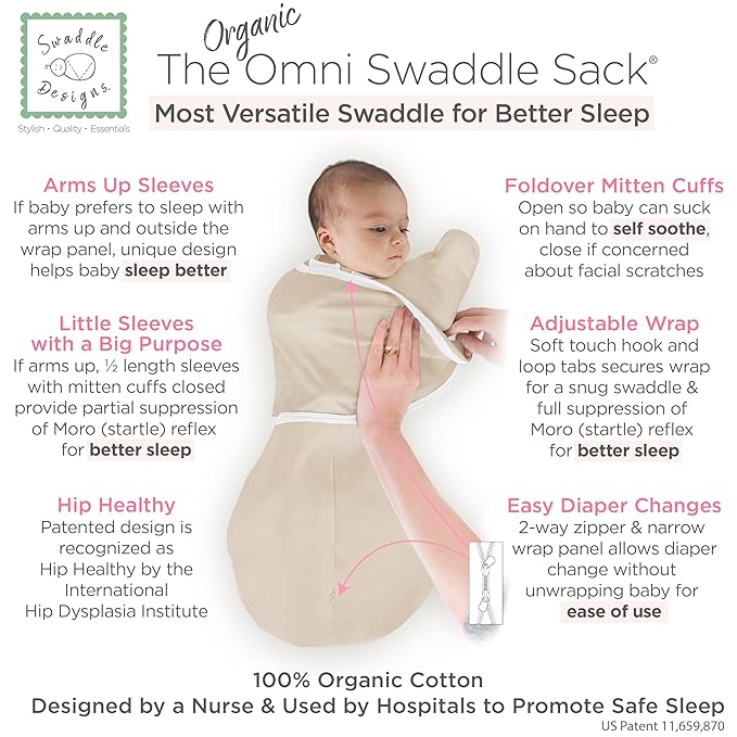 SwaddleDesigns Organic 6-Way Omni Swaddle Sack, Arms Up Swaddle for Newborn, More Options to Calm Startle Reflex, Improves Sleep, Small, 0-3 mo, 6-14 lbs, Sand Dollar