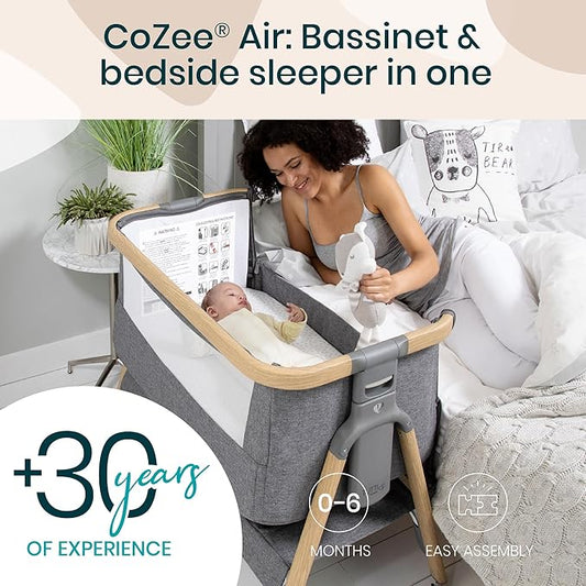 Tutti Bambini CoZee® Air Baby Bassinet & Bedside Sleeper - Rocking Bassinet for Baby, Fast-Folding with Travel Bag, Deluxe Airflow Mattress & 6 Mattress Heights, 0-6 Months (Oak & Charcoal)