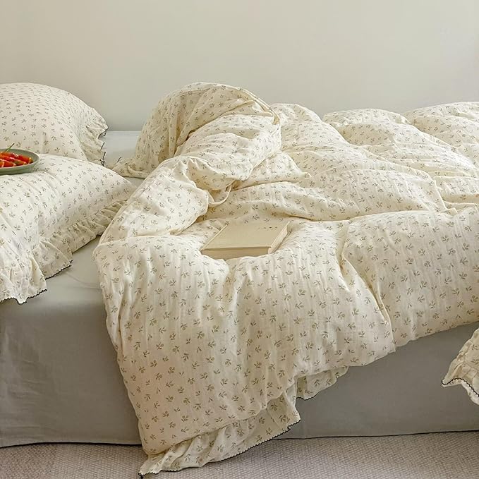 BuLuTu Chic Shabby Vintage Floral Duvet Cover Twin for Kids Girls Boys 100% Cotton Muslin Ruffled Quilt Cover Twin, 68"x86", Sprout Print, Soft Breathable, Zipper Closure, No Pillowcase