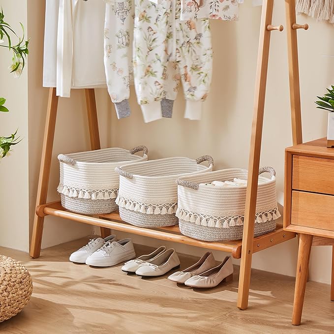 BUBUSUN Storage Bins Woven Baskets for Storage Set of 3, Cotton Rope Basket with Handles for Toys/Shelves/Laundry, Rectangle Multi-Purpose Organizer for Living Room, Bedroom, Nursery (White/Beige)