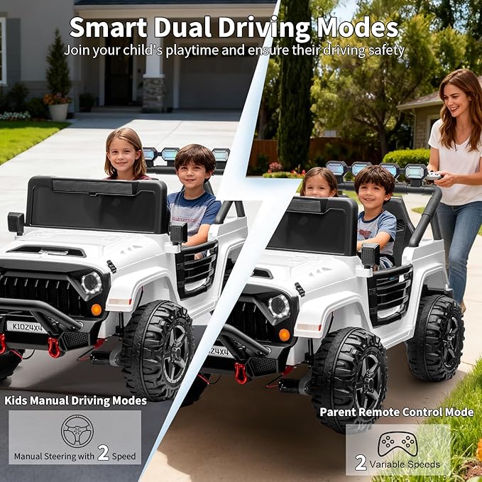 24V Ride on Toys for Big Kids, 2 Seater Ride on Car w/Remote Control, 4x4 Ride-on Truck with 4 Motors, 3 Speeds Adjustable, 4 LED Lights, Bluetooth & Music, Electric Car for Kids Toddlers 3-8, White