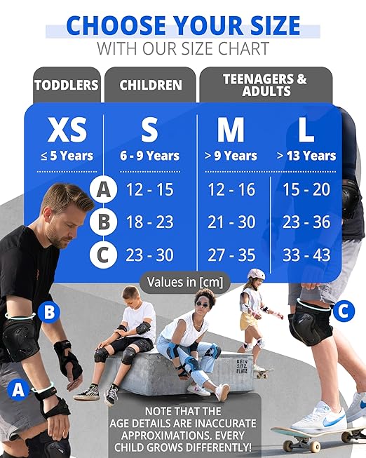 SKATEWIZ Knee Pads for Kids - Knee and Elbow Pads Set - PROTECT-1 - Size S Blue - Wrist Guards Skating Protective Gear, Skateboard, Roller Skate, Ice Skates For Kids