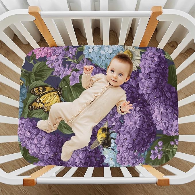 Lilac Hydrangea Crib Sheets Standard Crib Toddler Mattresses Cover Fitted Baby Bed Sheet Breathable Crib Mattress Sheet for Girls Boys 52" x 28"x5''