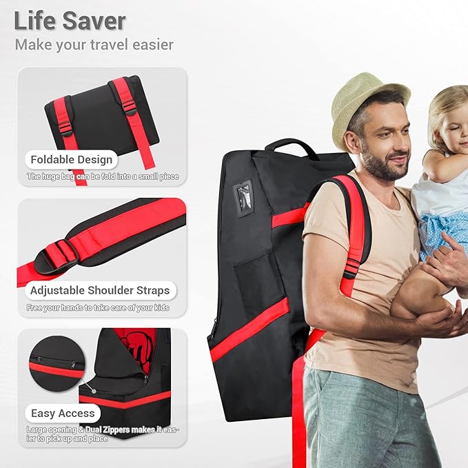 ProFaster Car Seat Travel Bag - Padded, Comfortable, Durable, Roomy Gate Check Carseat Cover Backpack Fits 3-in-1，Convertible, Booster & Infant Car Seats for Airplane, Airport, Red