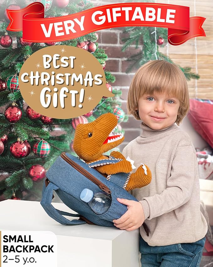 Naturally KIDS 【Upgraded】 Toddler Backpack with Detachable Dinosaur Toy for Boys | Side & Inner Pockets, Reflective Logo | Dinosaur Backpack for Kids 3-5