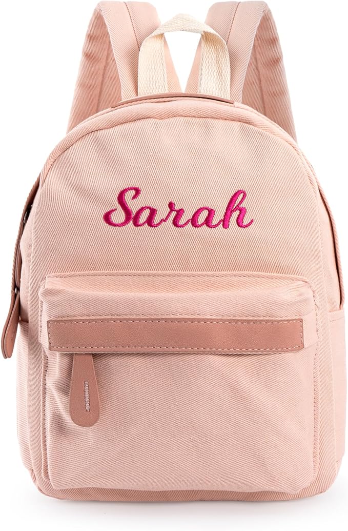 MT WORLD Daycare Backpack - Personalized Canvas Backpack with Name - Classic 12inch Daypack with Back Pocket - Custom Daycare Diapering Bag for Overnight Travel Birthday Gifts (Peach, Medium)