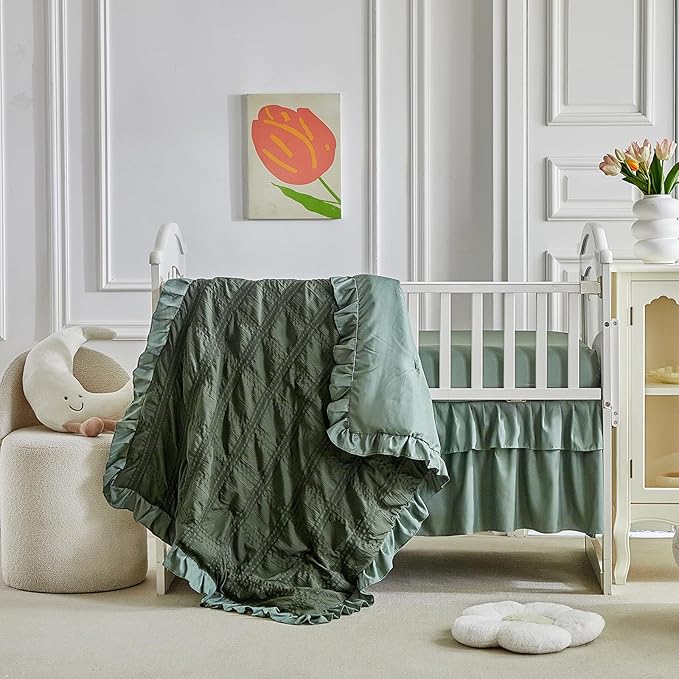 Ruffled Crib Bedding Set Baby Boho Quilted Comforter with Fitted Sheet and Bed Skirt - Cute Soft Breathable Seersucker Ruffled Shabby Chic Bedding Soft Blanket Design - Dark Green