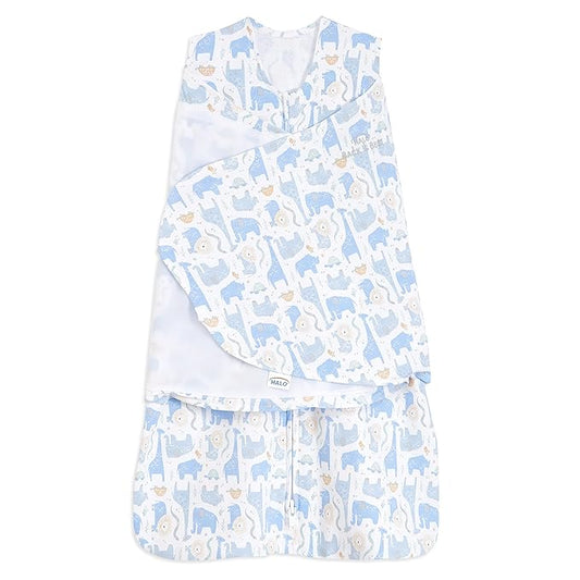 HALO 100% Cotton Sleepsack Swaddle, 3-Way Adjustable Wearable Blanket, TOG 1.5, Blue Safari, Newborn, 0-3 Months