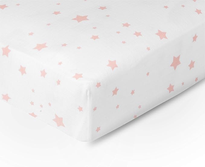 Newton Baby Fitted Mini Crib Sheets (2-Pack) | Organic Muslin Cotton, Breathable & Soft Baby Sheets, Washable Baby Mattress Sheets, Fits Mini Crib Mattresses 24" x 38", Stardust Coral & Plain White