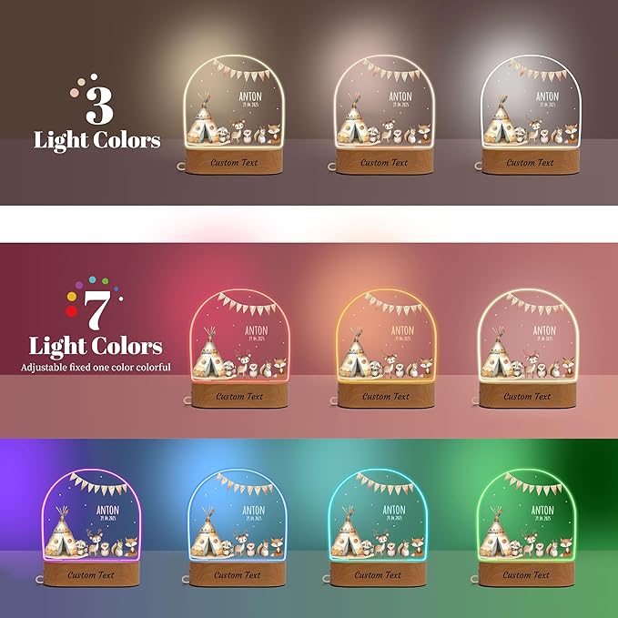 7GEEFT Personalized Baby Gifts Safari Animal Night Light, Custom Name LED Acrylic Plaque Lamp, Perfect Baby Shower Newborn Gifts for Kids Boys Girls, Christmas Nursery Decor for Children's Room