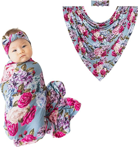 Posh Peanut Swaddle Blanket & Headband Set – Viscose from Bamboo Stretchy Baby Swaddle for Newborn Girls, Receiving Blanket or Nursing Cover (Lacey)