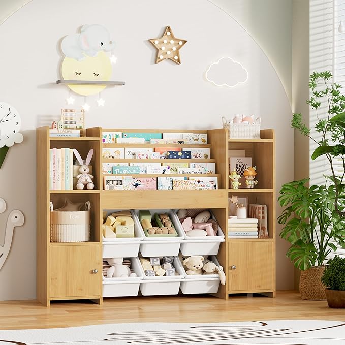 FINETONES Toy Storage Organizer with 6 Toy Bins, Toy Organizer Kids Bookshelf with 6 Cubbies, Toy Organizers and Storage Bins Playroom Storage for Kids Room, Natural