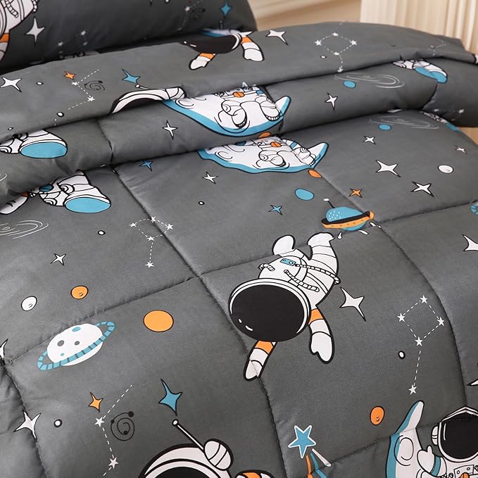 JSD Grey Astronaut Toddler Bedding Set, 4 Piece Space Theme Bed-in-a-Bag Comforter Sheet Set, Machine Washable