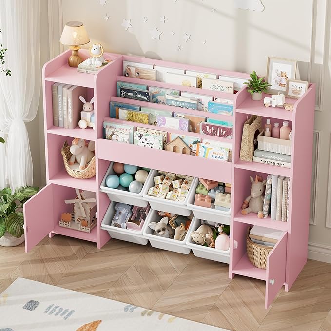 FINETONES Toy Storage Organizer with 6 Toy Bins, Toy Organizer Kids Bookshelf with 6 Cubbies, Toy Organizers and Storage Bins Playroom Storage for Kids Room, Pink