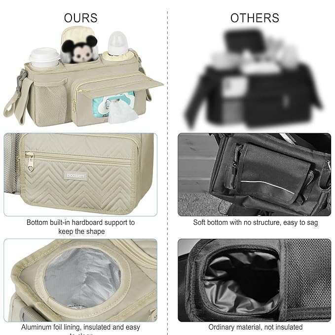 Universal Stroller Organizer with Insulated Cup Holder,Stroller Caddy Bag with Wet Wipes Pocket,Stroller Accessories Fits for Uppababy,Doona,Jogger,Britax,Mompush,BoB Strollers,Apricot