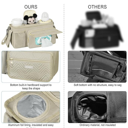 Universal Stroller Organizer with Insulated Cup Holder,Stroller Caddy Bag with Wet Wipes Pocket,Stroller Accessories Fits for Uppababy,Doona,Jogger,Britax,Mompush,BoB Strollers,Apricot