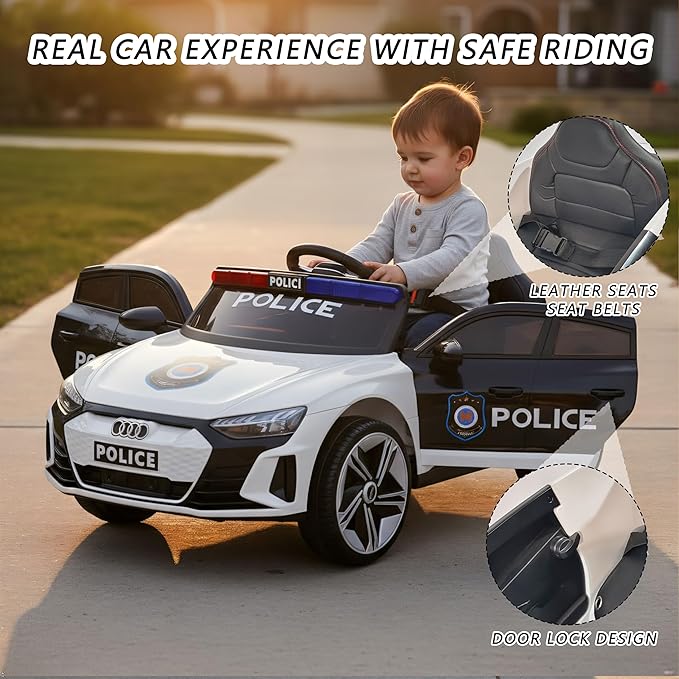 12V Kids Police Ride On Car with Remote Control, Flashing Lights, Siren & Megaphone, Bluetooth Music, Rocking Mode, Leather Seat, 3 Speeds, Battery Powered Electric Vehicle for Boys & Girls