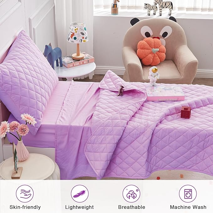Wowelife Toddler Bedding Set, 4 Piece Toddler Bedding Soft and Breathable Crib Bedding Set, Includes Quilted Comforter, Flat Top Sheet, Fitted Sheet, Envelope Pillow Case for Boys and Girls, Purple