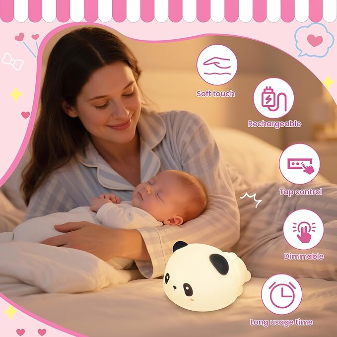 loatme Night Light for Kids, Rechargeable Dimmable Silicone LED Nightlight with 7 Colors, Baby Nursery Night Lamp, Touch Squishy Lamp, Cute Gifts for Girls, Boys, Toddler Room Decor, Lying Panda