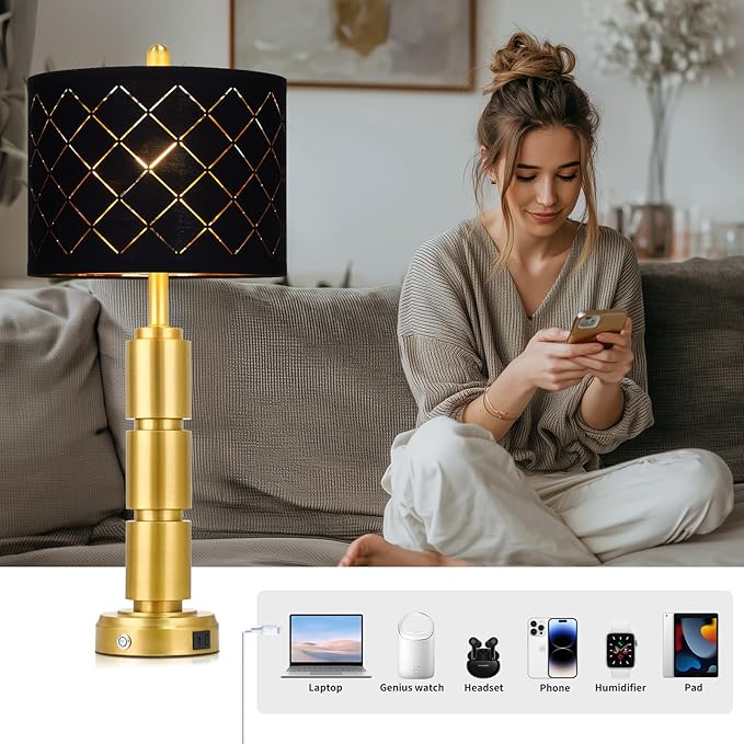 luxeflow Set of 2 Modern Table Lamps for Living Room Bedroom,29" Tall Bedside Lamp with 2 USB Port,Gold Metal Touch Nightstand Lamp with Black Grid Shade for End Table Entryway,Gold