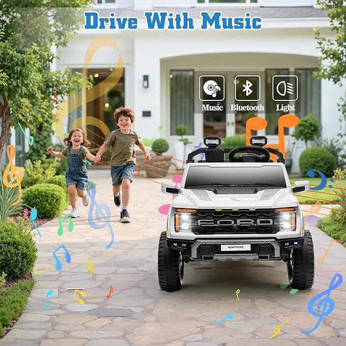 Licensed Ford F-150 Raptor 24V Ride on Toys for Boys & Girls, 2 Seater Kids Electric Car, Todder Ride on Car w/Remote Control, LED Lights, Bluetooth Music, Truck Bed Storage(24V, White)