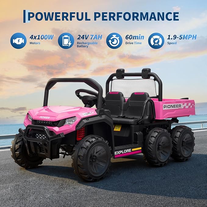 24V 4WD Electric Ride-on Dump Truck for Kids, 2-Seater with Parental Remote Control, 3 Speeds, All-Terrain Off-Road Toy Car for Boys Girls, Pink