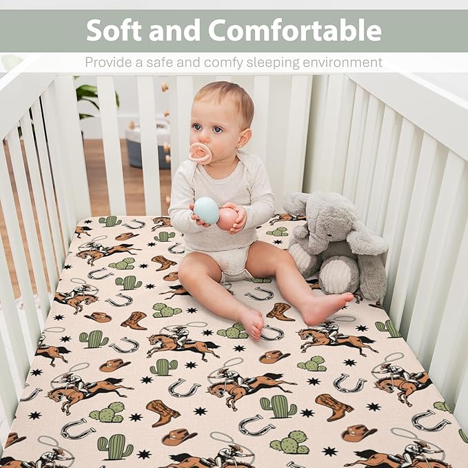 Country Western Baby Crib Sheets for Boy Girl 52x28Inch Cowboy Hat Boots Horse Cactus Soft Snug Fitted Crib Mattress Covers Wild West Desert Baby Sheet for Standard Crib & Toddler Bed Mattresses