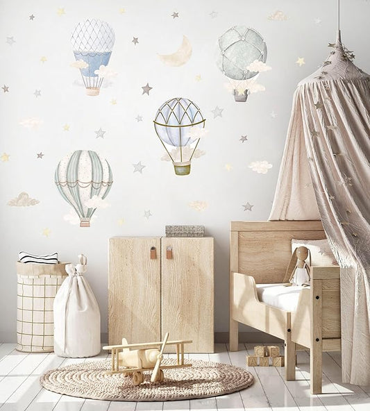 YIMEHDAN Watercolor Hot Air Balloon Wall Decals, Stars Clouds Balloon Vinyl Wall Stickers, Peel and Stick Colorful Artwork for Nursery Bedroom Toddler Room Playroom Decor