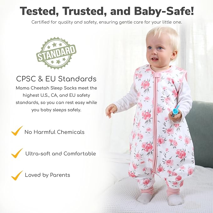 Mama Cheetah Toddler Sleep Sack with Feet 2T, 2.5 TOG Organic Cotton Baby Sleeping Bag with Legs, Winter Baby Wearable Blankets for Early Walker M