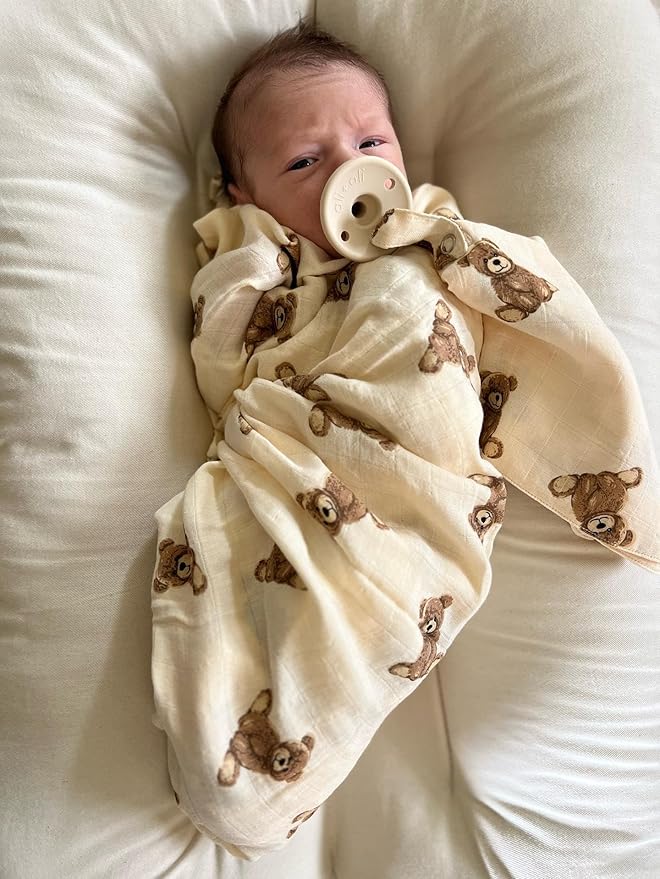 Ali+Oli Muslin Swaddle Blanket for Baby (Teddy Bear) Large 47" x 47" Soft Rayon Made from Bamboo & Organic Cotton, Machine Washable Receiving Blanket Wrap for Newborn to Toddler