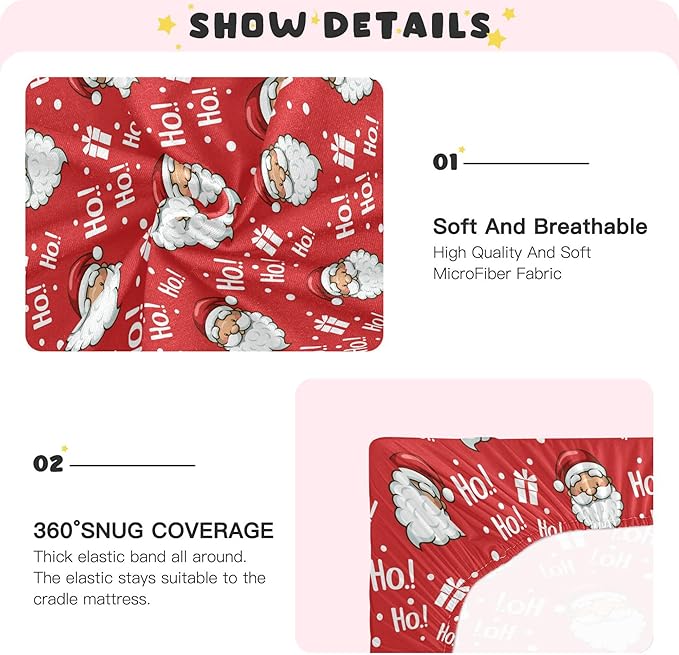 Christmas Santa Hohoho Crib Sheets Soft Breathable Fitted Baby Crib Sheets Mattress Cover for Girl Boy, 52" x 28" x 9"