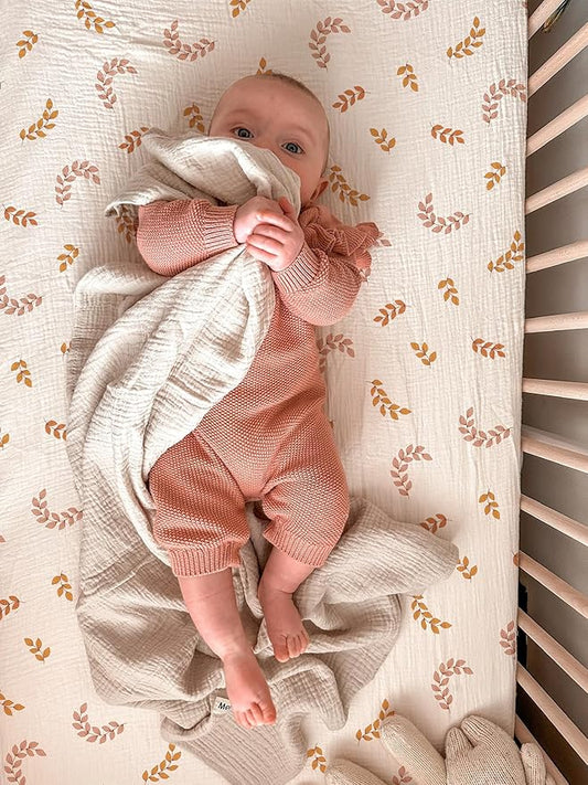 Crib Sheets for Baby Boy Girl 2 Pack, Fitted Crib Mattress Sheet 28" x 52", Muslin Toddler Bedding with Neutral Style, Nursery Bedding Essentials (Brick & Leaf)