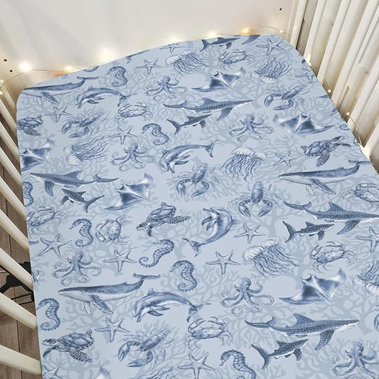 Retro Marine Animals Baby Crib Sheets Boy Girl 28"x52" Whale Dolphin Jellyfish Sea Horse Turtle Coral Soft Snug Fitted Crib Mattress Cover Ocean Animal Baby Sheet for Standard Crib & Toddler Mattress