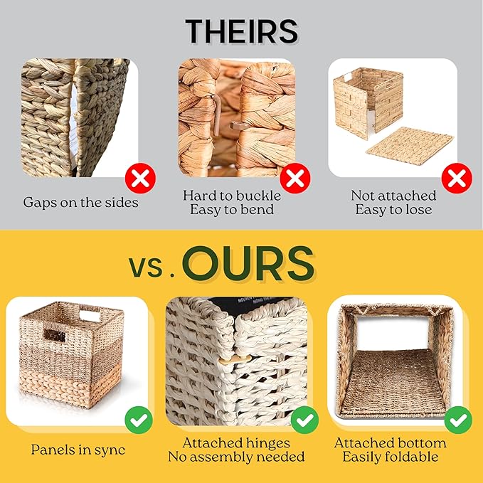 CHI AN HOME 13x13x13 Storage Cube Bins Wicker Storage Basket for Cube Shelf, Natural Foldable Square Baskets for Storage, Large Woven Cube Storage Bin with Handle, Baskets for Pantry, Bedroom Set of 4