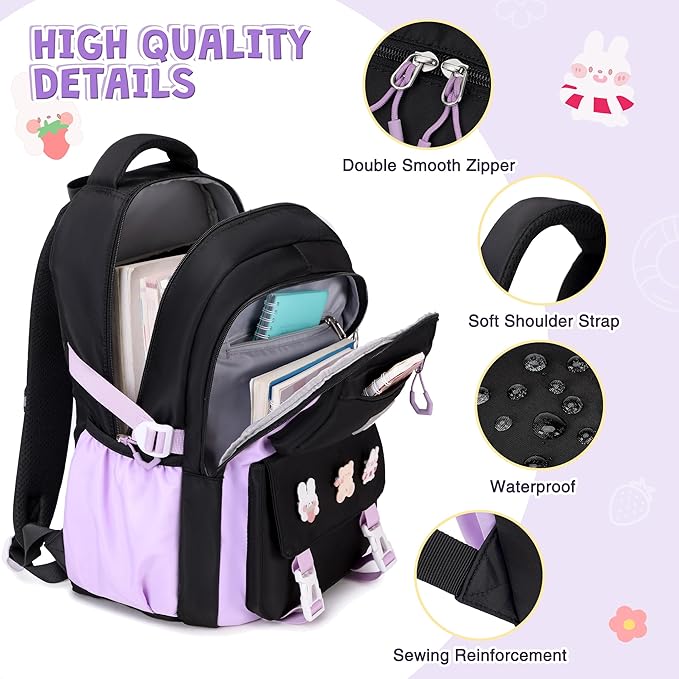 DIGOBAY 3PCS Girls Backpack for School, Kids Backpack for Girls with Lunch Box Pencil Case Set for Teen Girl Elementary Primary Middle High College School Bookbag with Cute Pins (Black-Purple)