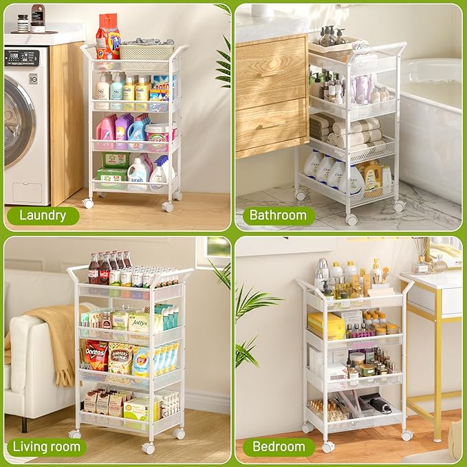 3IngSeagulls 4-Tier Baby Diaper Cart, Diaper Caddy Organizer, Rolling Utility Cart for Baby Supplies, Diaper Caddy Cart with Wheels for Bedroom, Nursery, Changing Table, White