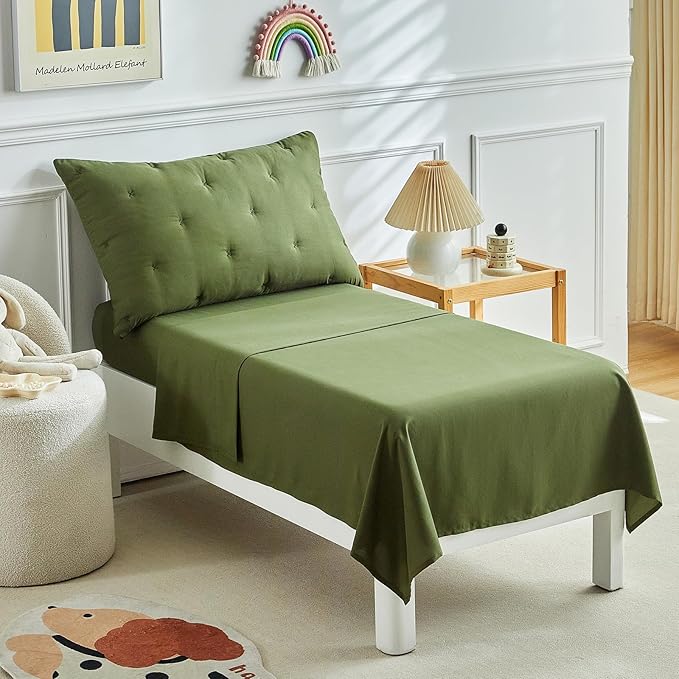 DuShow 4 Piece Toddler Bedding Set,Embroidery Crib Comforter Set for Boys Includes Toddler Bed Comforter,Fitted Sheet,Flat Sheet and Envelope Pillowcase,Soft Toddler Bed Sheet Set-Olive Green ﻿