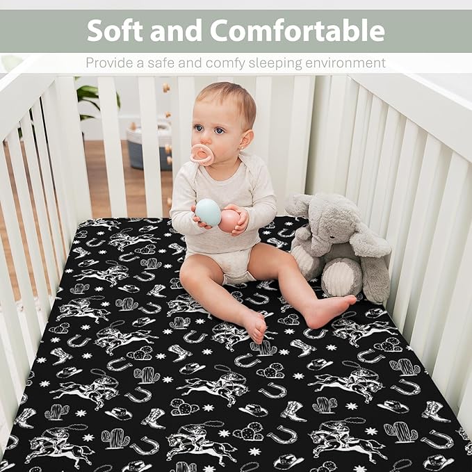 Black Western Cowboy Baby Crib Sheets for Boy Girl 52"x28" Cowboy Boots Hat Horse Cactus Soft Stretchy Fitted Crib Mattress Cover Wild West Desert Baby Sheet for Standard Crib and Toddler Mattress